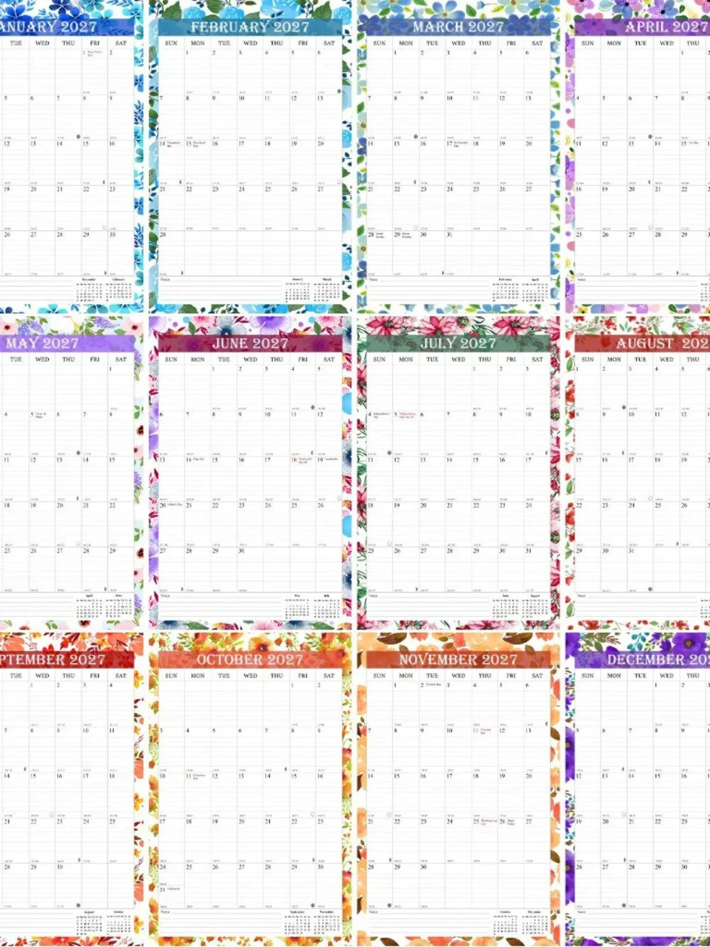 2027 Wall Calendar Spiral-bound Twin-Wire Binding 12 Months 8.5